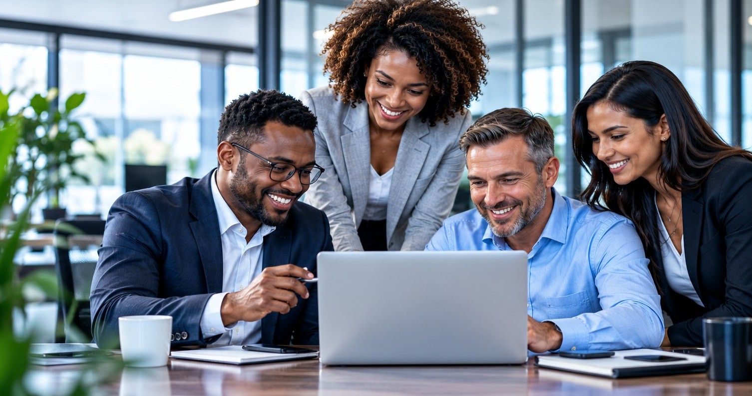 Business professionals collaborating around a laptop